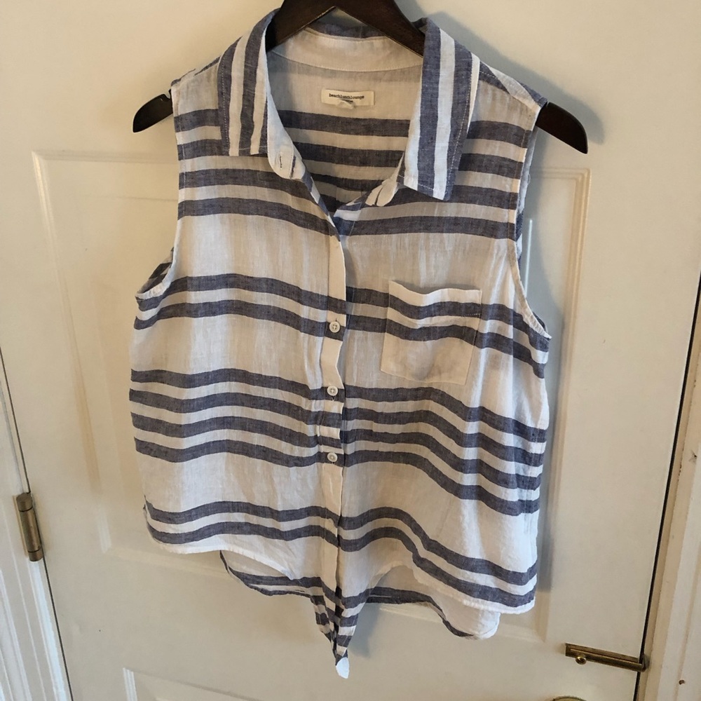 Linen blend button striped tie front tank in blue and white stripe
